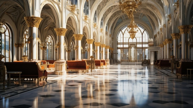 Una gran habitación con un piso a cuadros y candelabros brillantes