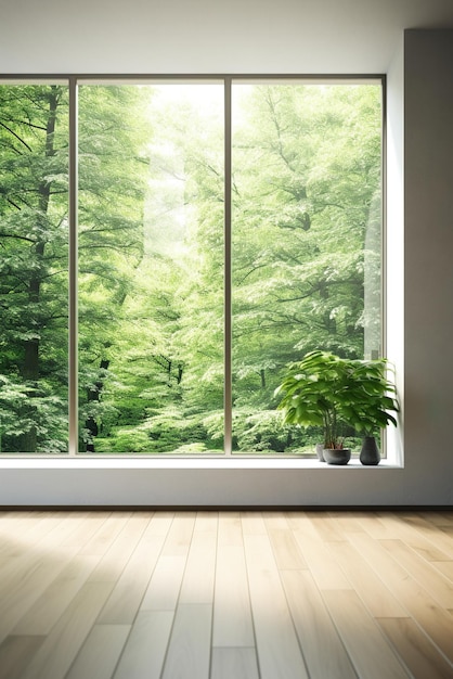 Gran habitación vacía y brillante con una ventana enorme y una planta en maceta