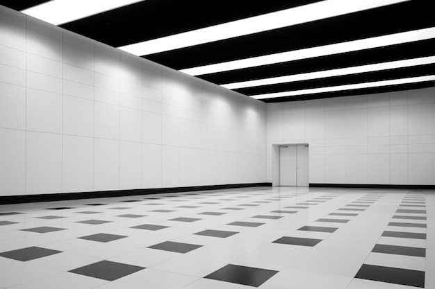 Foto una gran habitación vacía con una pared blanca y un piso blanco y negro