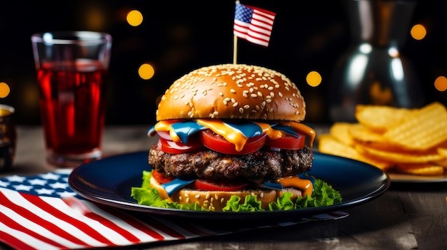 Foto una gran hamburguesa deliciosa en un plato de papas fritas y una bebida en un café patriótico en el telón de fondo de