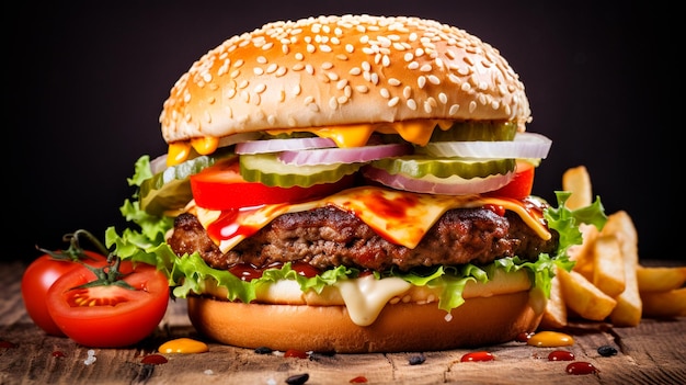 una gran hamburguesa en un fondo de madera