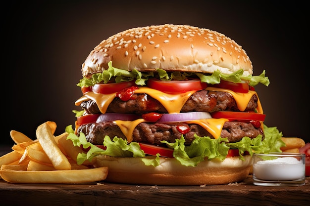 Gran hamburguesa fresca y papas fritas aisladas sobre fondo blanco