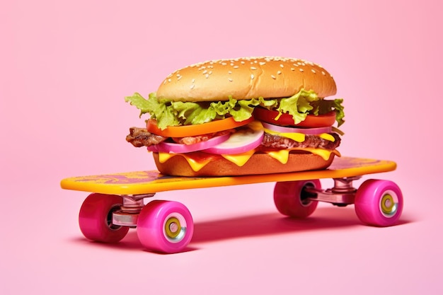 Gran hamburguesa jugosa en una patineta rosada en el fondo de la cama rosada concepto de entrega