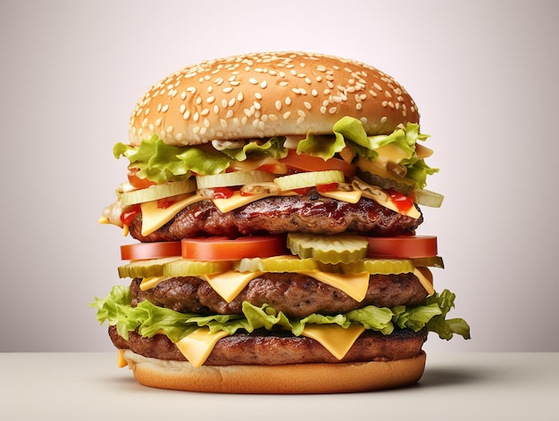 Una gran hamburguesa con lechuga tomate y queso foto aislada sobre fondo blanco Generado por IA