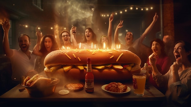 Foto una gran hamburguesa con una multitud de personas en el fondo