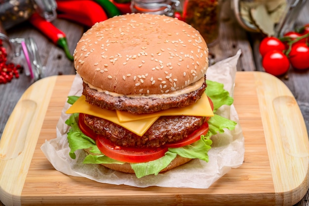 Gran hamburguesa con queso derretido y sobre madera