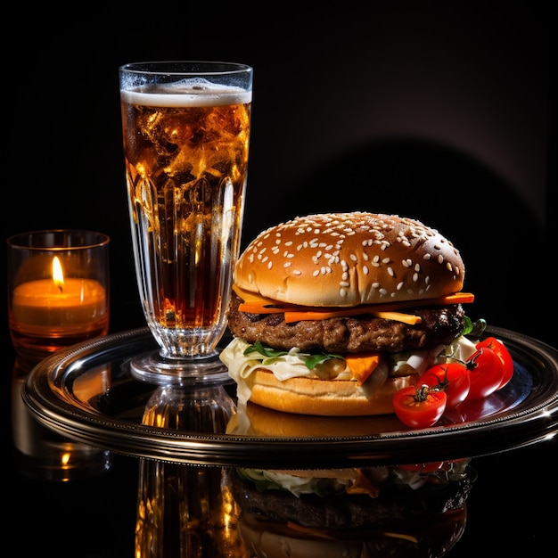 Gran hamburguesa de queso doble con pollo y bebida fría