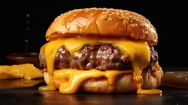 Gran hamburguesa de queso sabrosa en una mesa de madera aislada sobre un fondo negro