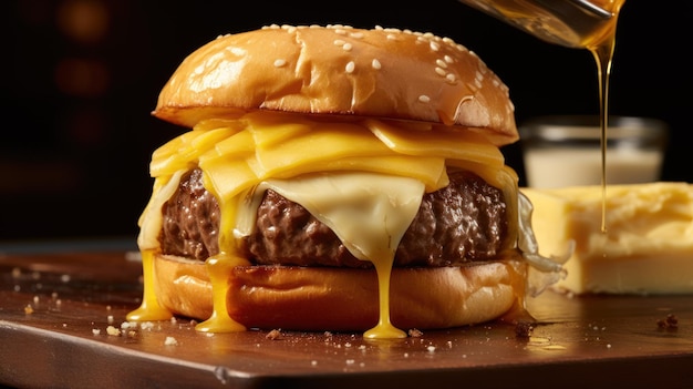 Foto gran hamburguesa de queso sabrosa en una mesa de madera aislada sobre un fondo negro