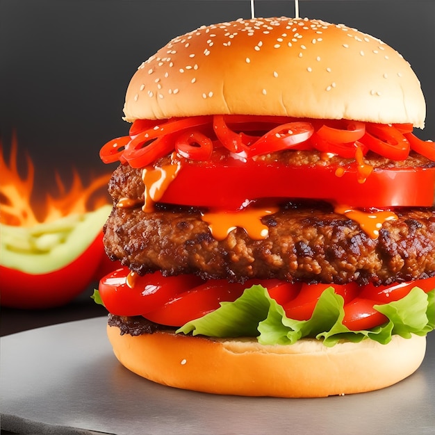 Gran hamburguesa sabrosa con ketchup y queso sobre un fondo rojo