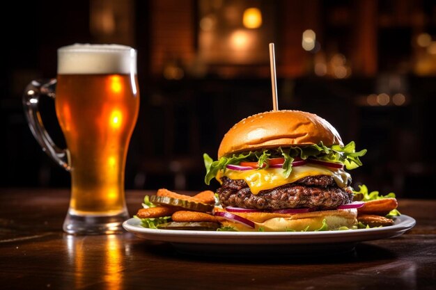 Foto una gran hamburguesa se sienta en un plato junto a un vaso de cerveza