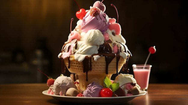 Un gran helado con una cascada de ingredientes