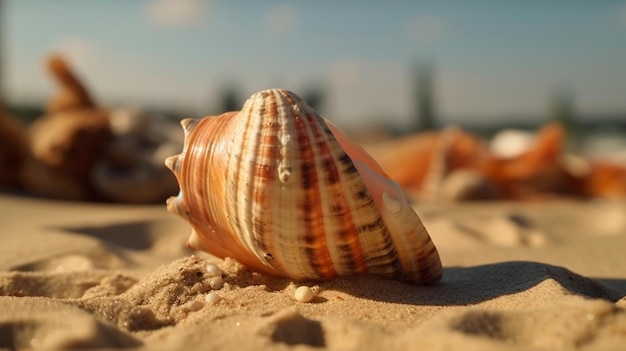 Una gran y hermosa concha marina exótica se encuentra en la arena de una playa exótica IA generativa