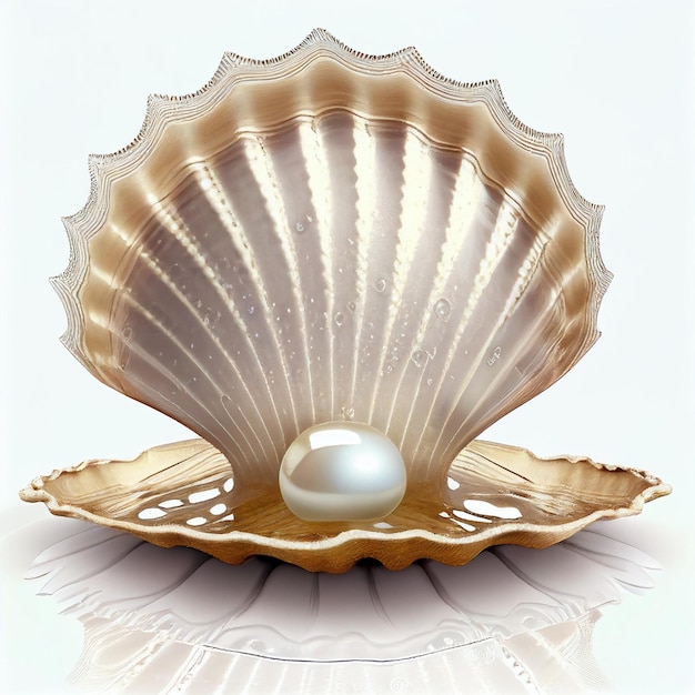 Gran hermosa perla brillante en una concha aislada en primer plano blanco