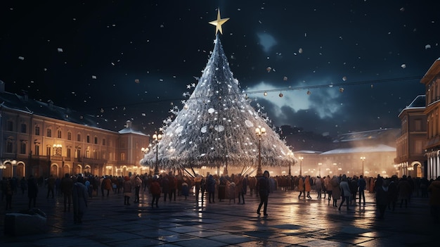 Gran hermoso árbol de Navidad con adornos e iluminaciones en una noche nevada Año nuevo y fondo de vacaciones de Navidad Paisaje festivo de la ciudad de invierno
