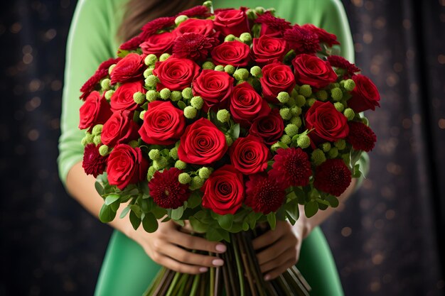 Gran y hermoso ramo de rosas rojas flores de cerca en manos de la mujer en fondo verde Fecha Día de San Valentín u otro feriado o concepto de evento Generado ai