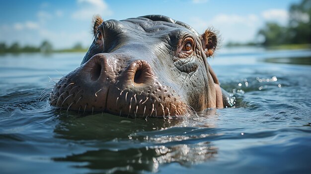 Un gran hipopótamo revolcándose en el agua