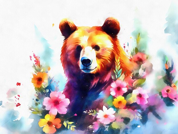 Gran hocico de oso grizzly con flores, pintura de acuarela generada por IA