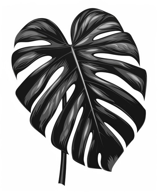 una gran hoja negra de Monstera sobre un fondo blanco