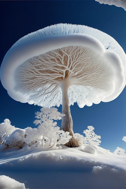 Gran hongo sentado en la cima de una colina cubierta de nieve ai generativo
