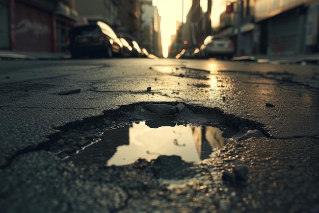 Un gran hoyo en una carretera daño a la superficie de la calle