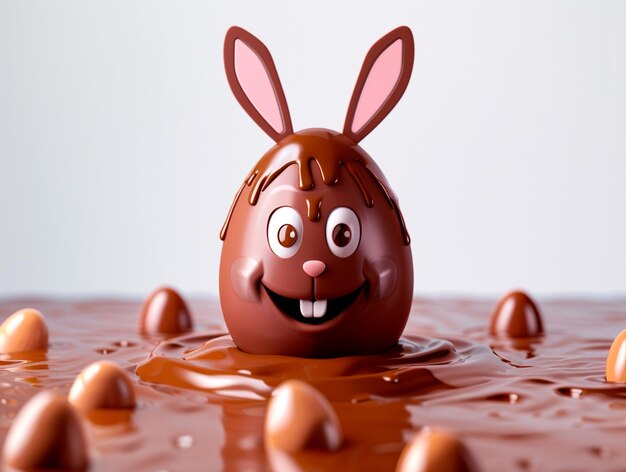 Un gran huevo de chocolate de dibujos animados con orejas de conejo lindo