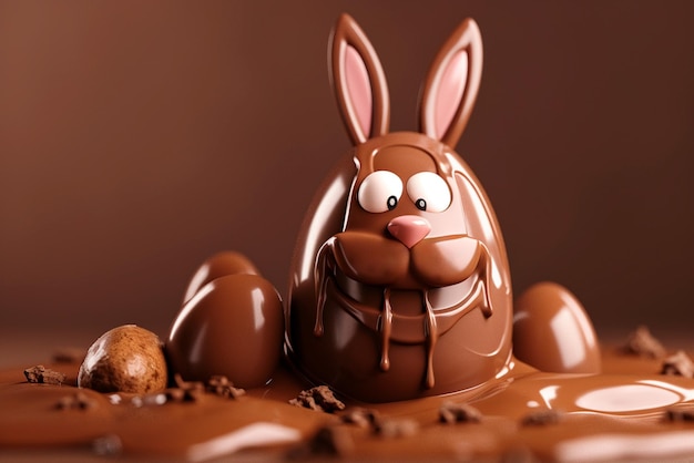 Un gran huevo de chocolate de dibujos animados con orejas de conejo lindo