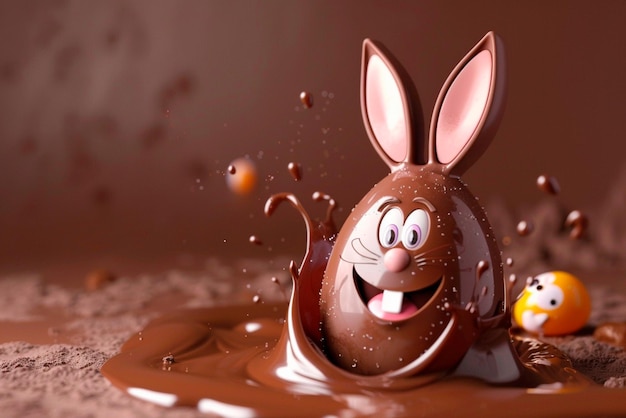 Un gran huevo de chocolate de dibujos animados con orejas de conejo lindo