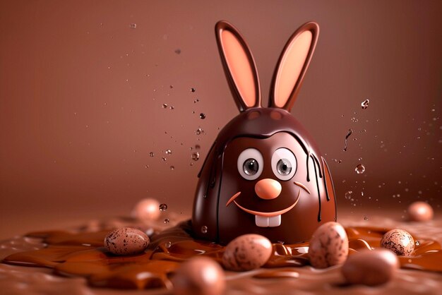 Un gran huevo de chocolate de dibujos animados con orejas de conejo lindo