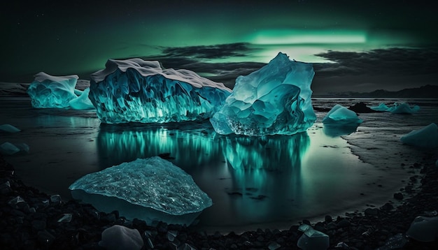 Un gran iceberg está iluminado por la luna.