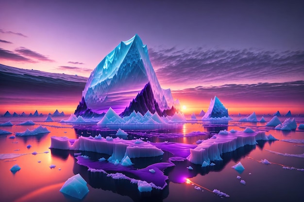 un gran iceberg flotando en el océano al atardecer con un cielo morado en el fondo