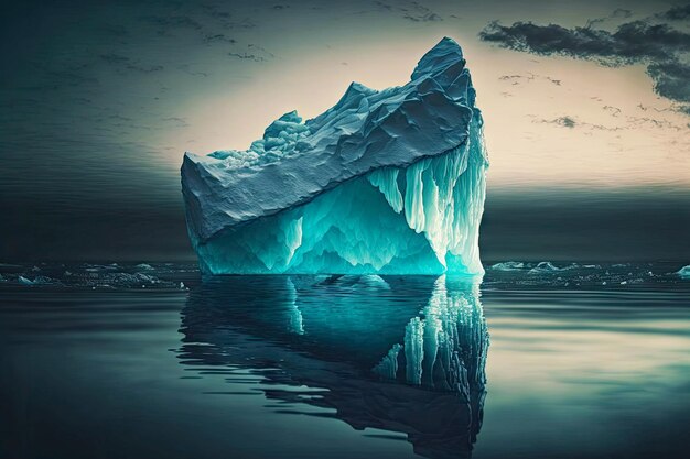 Gran iceberg flotante oscuro que se refleja en la superficie plana del océano por la noche