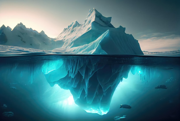 Gran iceberg sobre el fondo azul de la superficie del mar Concepto de metáfora de paisaje y negocios Tema de ilustración de arte digital IA generativa