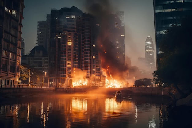 Gran incendio en la ciudad Edificios en llamas con fuego y humo Ilustración generativa de IA