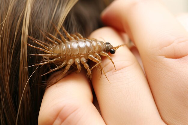 Foto un gran insecto se arrastra a lo largo de la mano de una niña concepto de alucinaciones táctiles foto horizontal