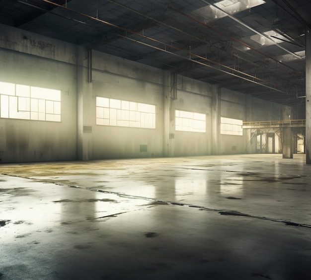 Gran interior de almacén vacío con suelo de hormigón y grandes ventanas