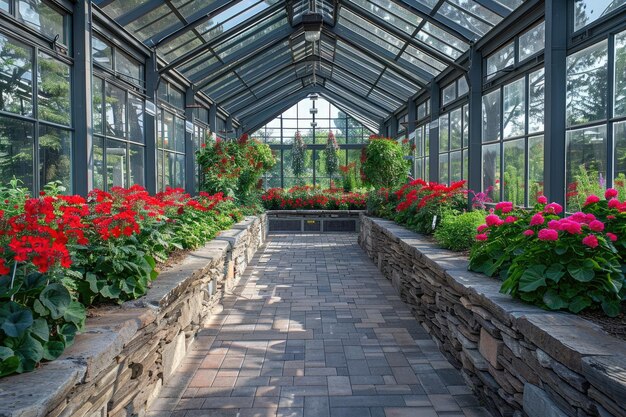 Gran invernadero de vidrio con flores rojas de interior y plantas de cultivo