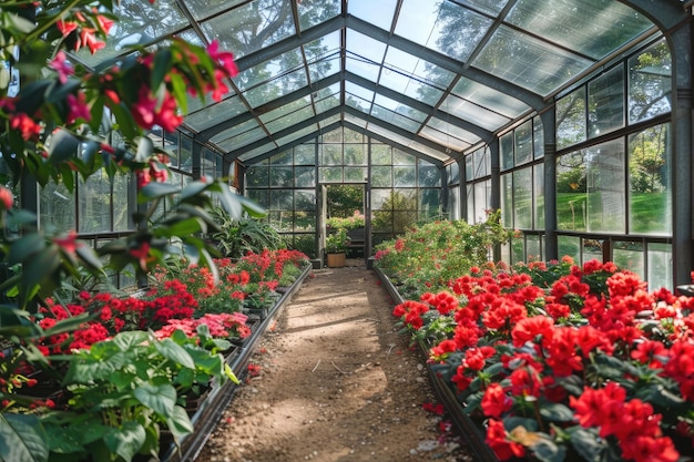 Gran invernadero de vidrio con flores rojas de interior y plantas de cultivo