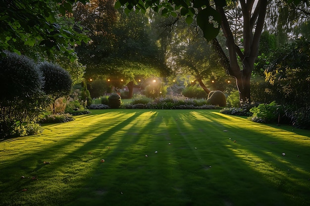 Un gran jardín iluminado con luces elegantes