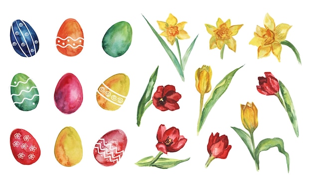 Gran juego de Pascua con coloridos huevos de Pascua y flores de primavera, tulipanes y narcisos. Ilustración de acuarela