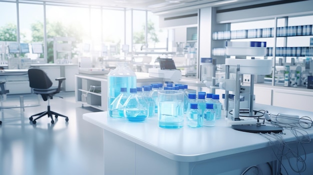Gran laboratorio científico moderno y brillante laboratorio médico de química Varios equipos recipientes de vidrio con líquidos