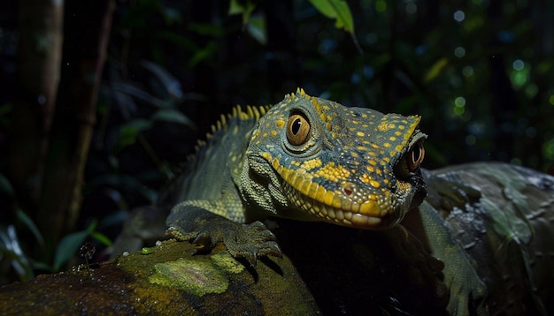 Foto el gran lagarto gonocephalus grandis descansando en el tronco del árbol por la noche