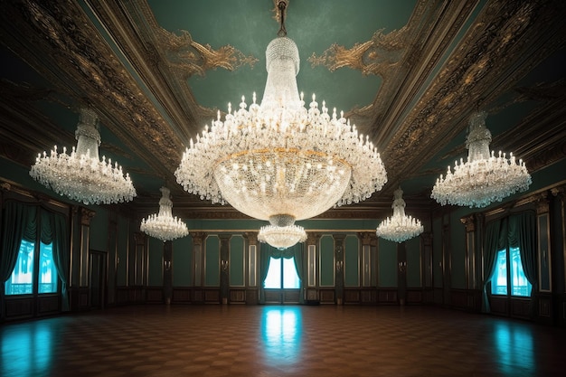 Gran lámpara de araña que ilumina un elegante salón de baile creado con IA generativa