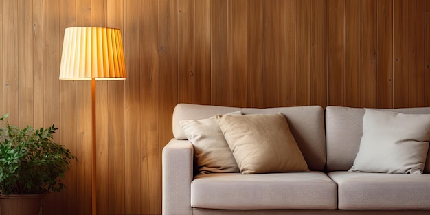 Foto gran lámpara de madera al lado del sofá en la habitación