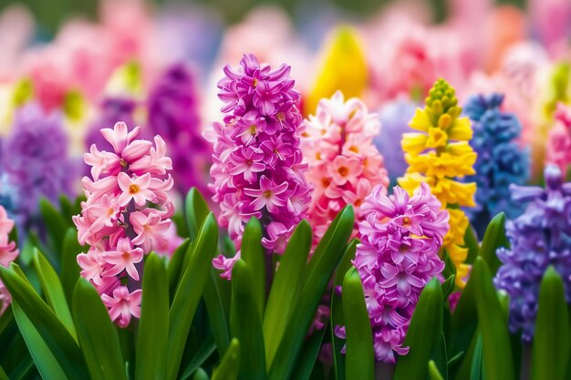 Foto gran lecho de flores con jacintos multicolores flores tradicionales de pascua fondo de flores