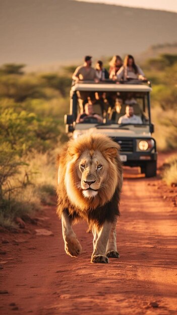 Foto un gran león caminando por un camino de tierra