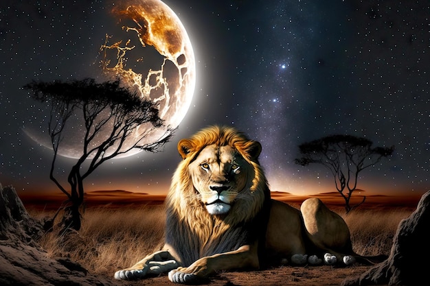 Gran león tumbado en la hierba por la noche contra el fondo de la luna