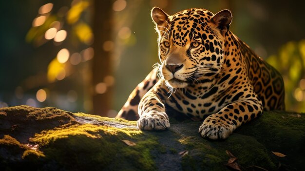 Foto un gran leopardo yace pacíficamente en la cima de una roca cubierta de musgo en un entorno sereno de bosque