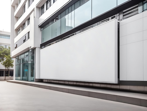 Foto un gran letrero colgado en la pared de un edificio moderno en la calle con un espacio en blanco vacío como pancarta de maqueta