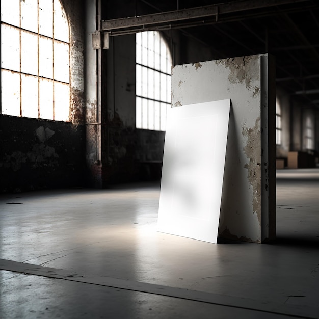 Foto un gran lienzo blanco se encuentra en un almacén con el sol brillando en la pared.